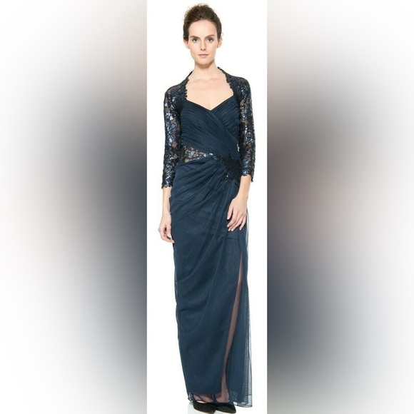 Tadashi Shoji / navy blue tulle draped long sleeve sequin lace gown dress 10 - Picture 2 of 5